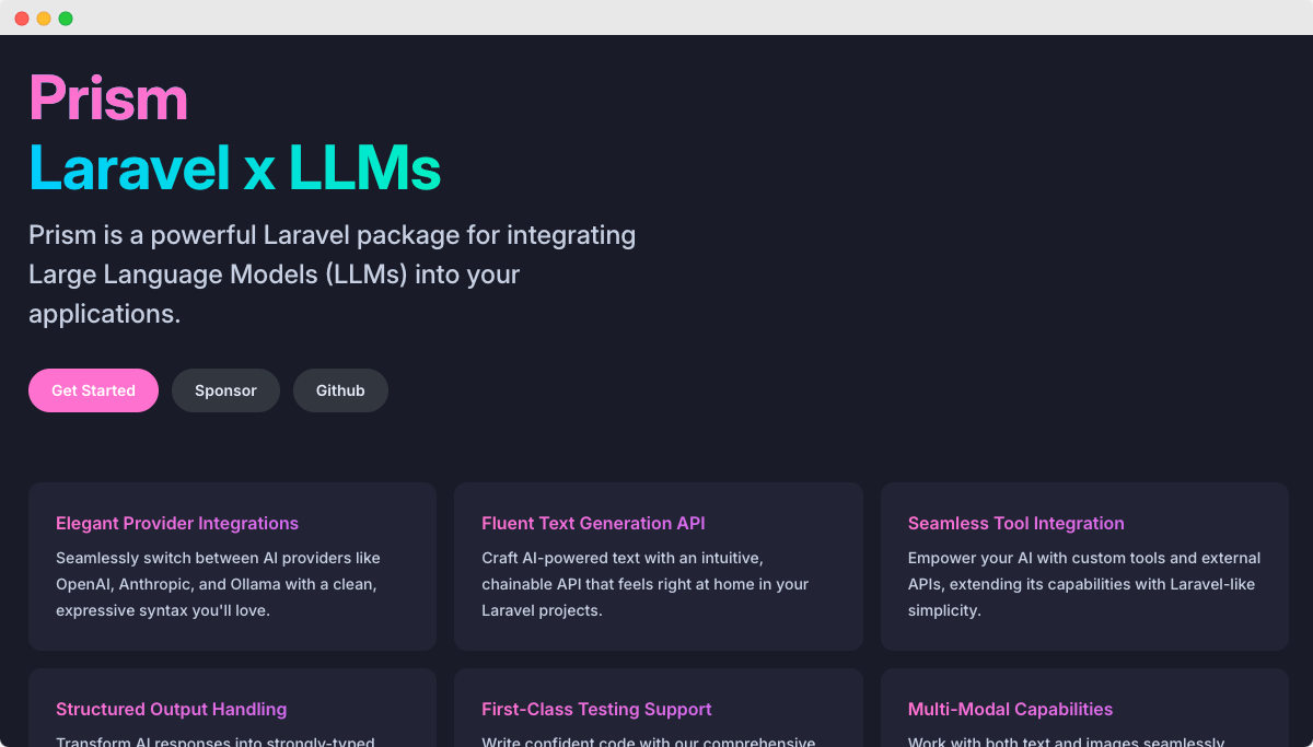 Prism PHP - AI for Laravel - website screenshot